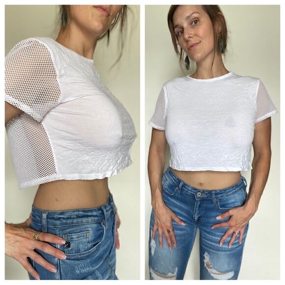 PrettyLittleThing Tops - PRETTYLITTLETHING Crop Top White Mesh Festival Rave Party US 6